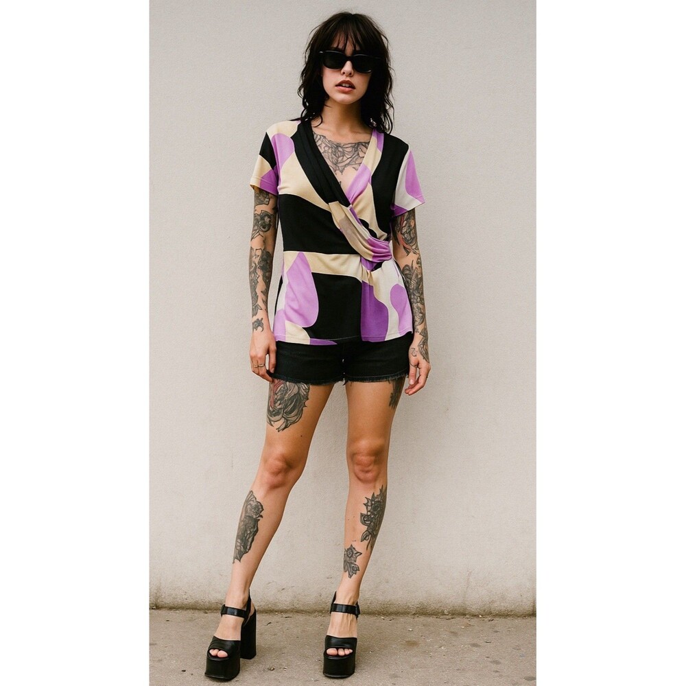 Vtg Black 90s/Y2K Short Sleeve Wrapper Brand Top Faux‎ Wrap Knotted dKNY L